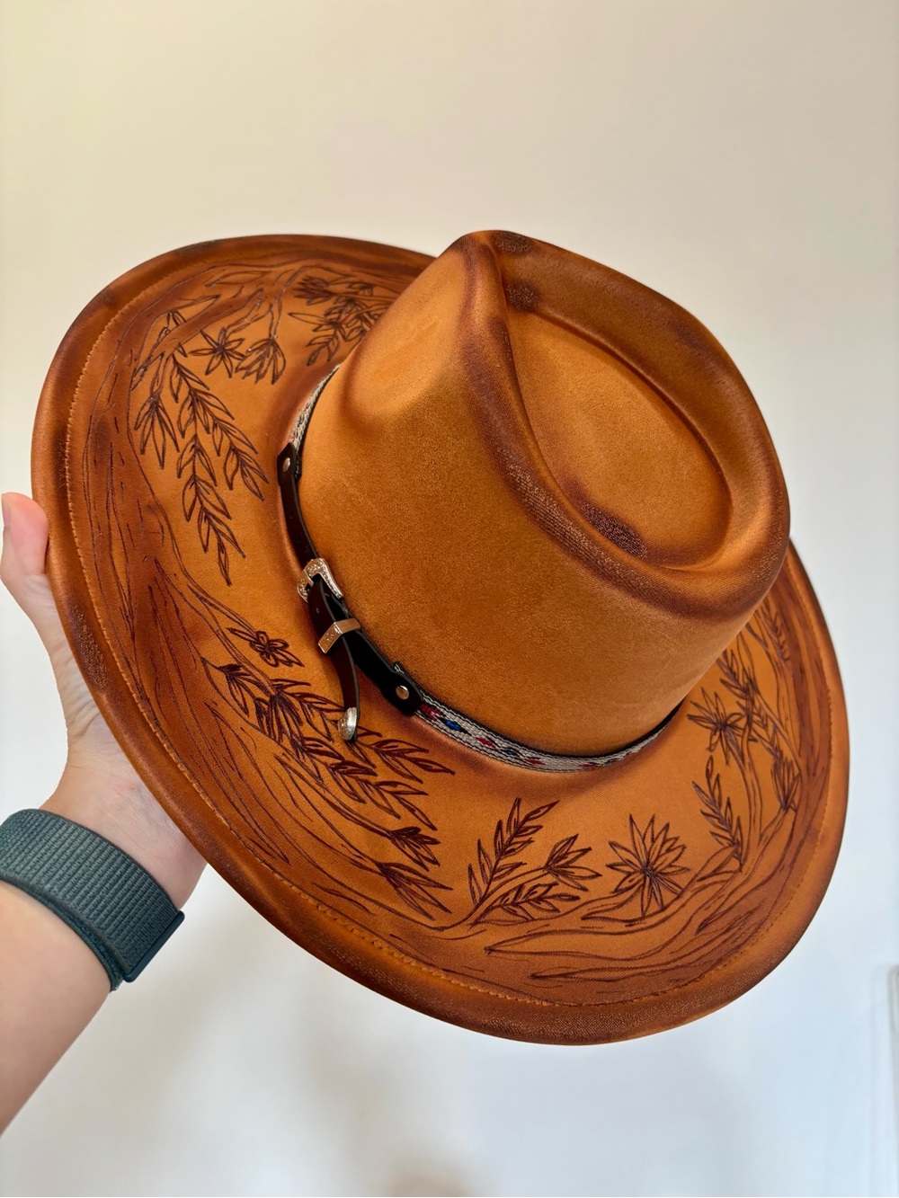 Brown Western Suede Hat with Floral Etching and Decorative Band